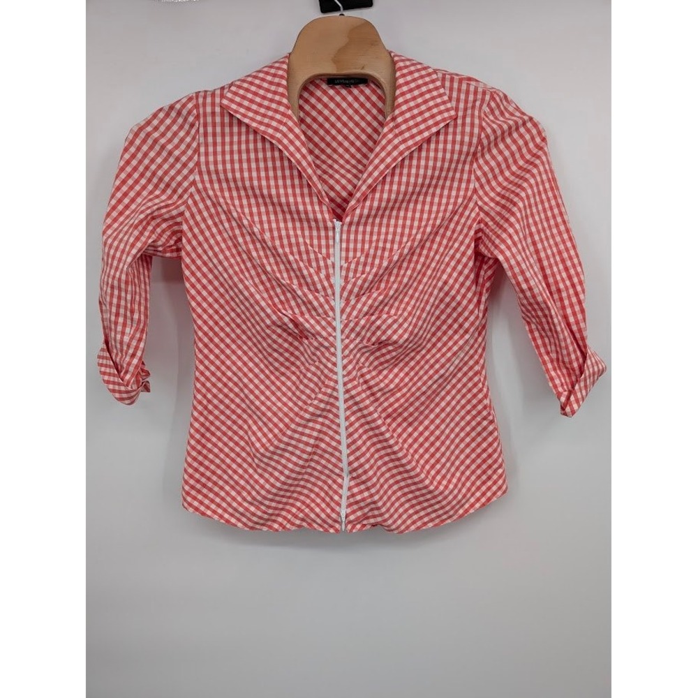 Lafayette 148 New York Leigh Red Gingham Ruched Zip Front Blouse Women's sz 14
